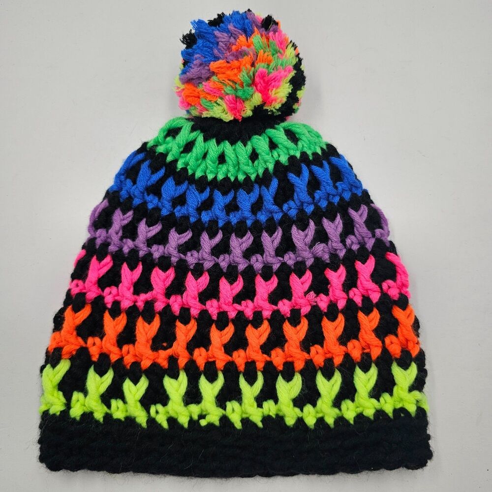 Neon Rainbow Handmade Crochet Knit Beanie Hat Pom Pom Colorful Ski Cap Winter
